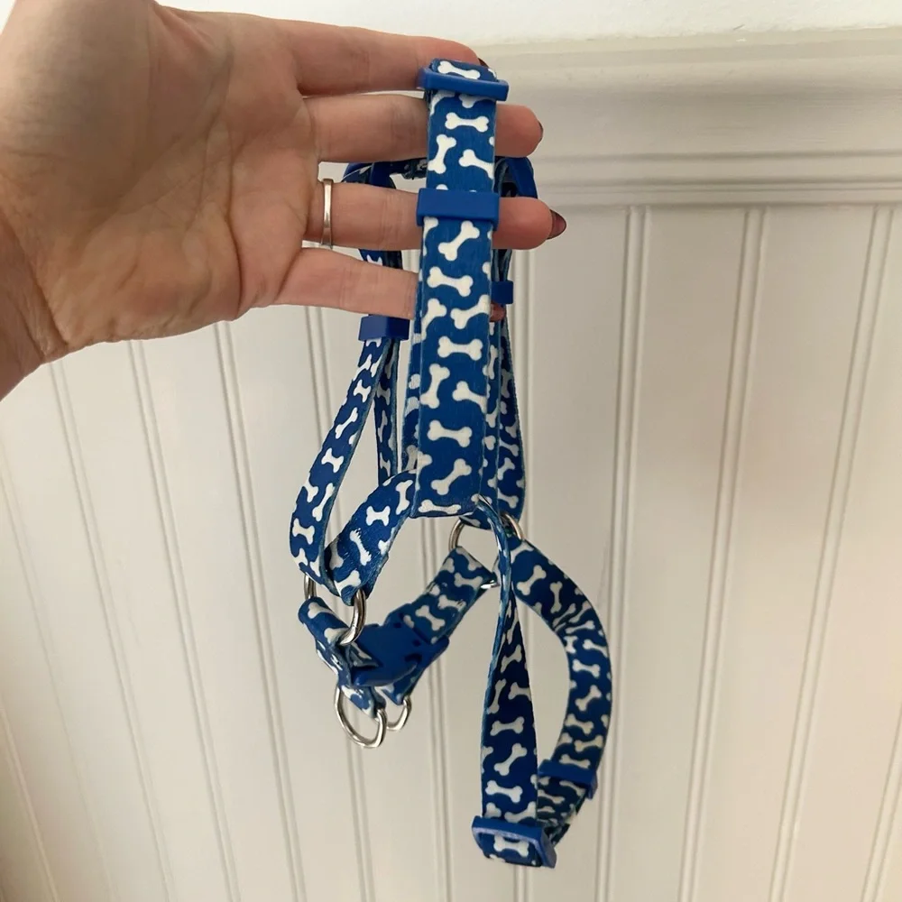 Blue Small Dog Harness with Bone Pattern